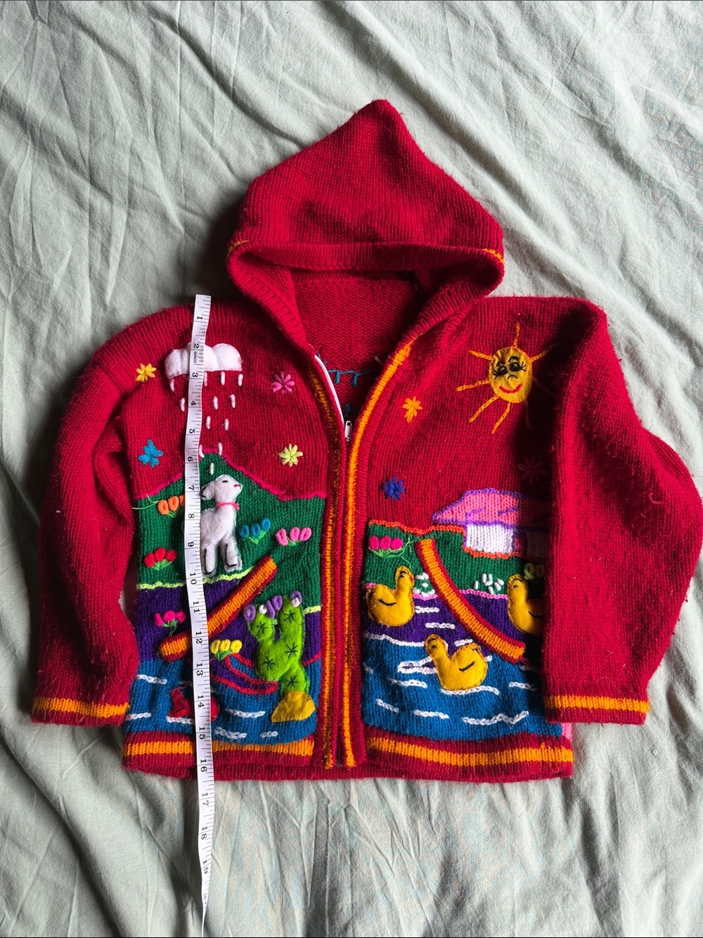 Alpaca Red Hooded Children's Zip Cardigan with Playful Animal Appliqués